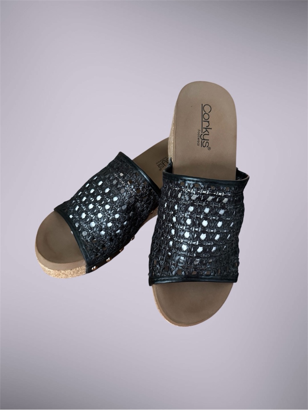 Women’s size 9 Corky’s Vacation 2.5in Wedge Black Mesh Woven Slide Sandals NWOT